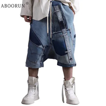 ABOORUN/мъжки дънкови къси панталони в стил мозайка с неправилна форма в стил хип-хоп, къси панталони с ниска талия, градинска облекло, къси дънки оверсайз