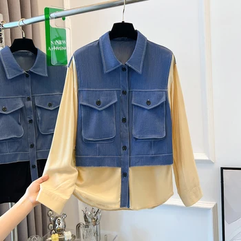 SuperAen, корейски дизайн, без деним риза от органза в стил мозайка, фалшиви летни ризи с дълги ръкави от две части