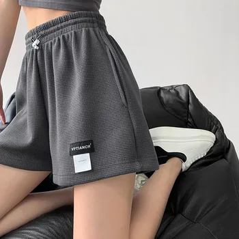 Обикновена ежедневни панталони в корейски стил, женски гофрети шорти с висока талия и завязками, женски с джобове, еластичен колан, Свободни панталони