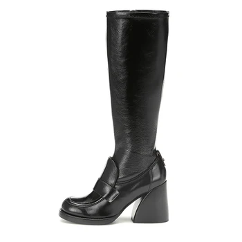 Дамски кожени обувки на не сужающемся надолу масивна обувки с квадратни пръсти, до коляното, обувки с змеиным модел, Размер 36-43, високо качество на дълги ботуши 