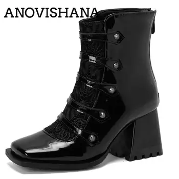 ANOVISHANA/2022/ дамски обувки на 14 см с квадратни пръсти на високо масивна ток 7 см, с цип, по-Големи Размери 34-48, Боядисана Обувки за Партита