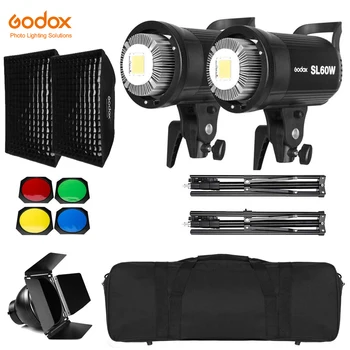 Godox 2x SL-60W Бял вариант LED Video Light Студиен постоянна светлина + 2x Осветление поставка 1.8 m + 2x Софтбокс 60x90 см + Комплект чанта за носене